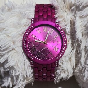 Fuchsia Steele watch with a honeycomb-pattern band and rhinestone-studded bezel